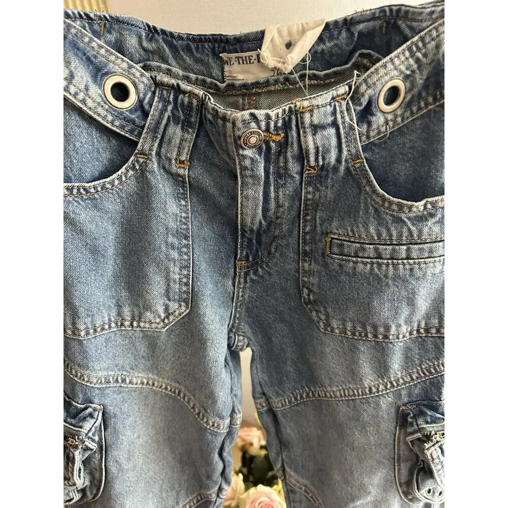 Free People Call Me Crazy Cargo Jeans 26 We The Free Grommet Waist Blue - Picture 8 of 16